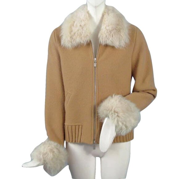 NEW $730 Geiger of Austria Boiled Wool Jacket (Coat)! US 4 34 TanLamb Fur Trim